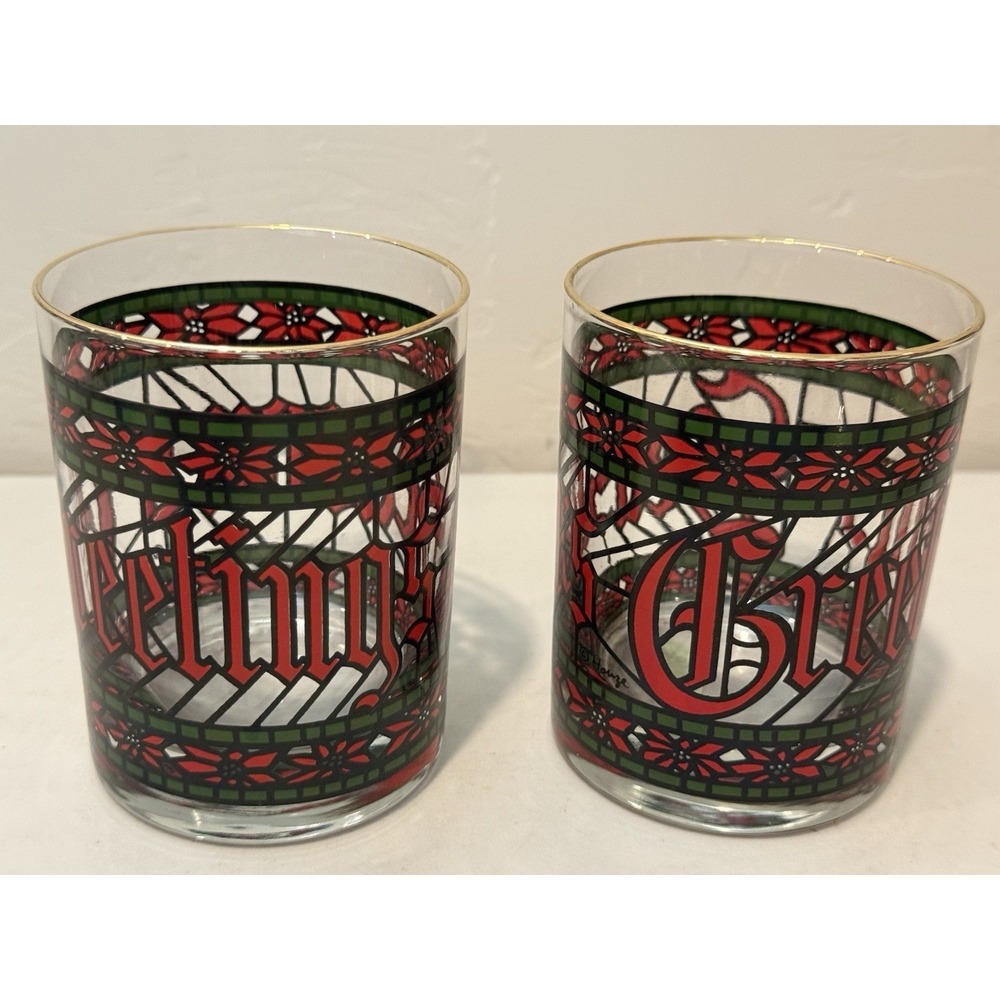 VTG Houze Seasons Greetings Stained Glass looking Glasses set of 42 Old Fashions